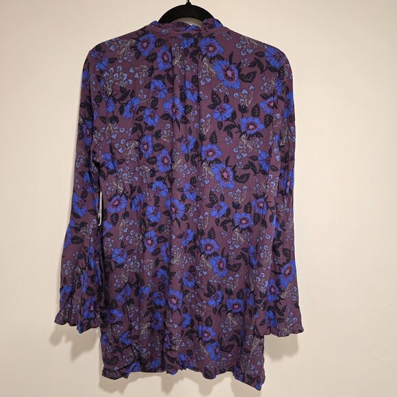 Free People Magic Mystery Tunic Top Dress XS Purple Floral Bell Sleeve Tie Neck - Picture 8 of 11